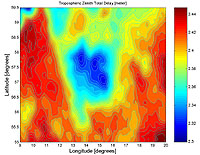 Tropospheric zenith delays determined for Southern Sweden and the Eastern parts of Denmark at 01:00 UTC, Sept.5. 2000. Trop. delays are functions of atmospheric pressure, and are thereby correlated with topographic height.