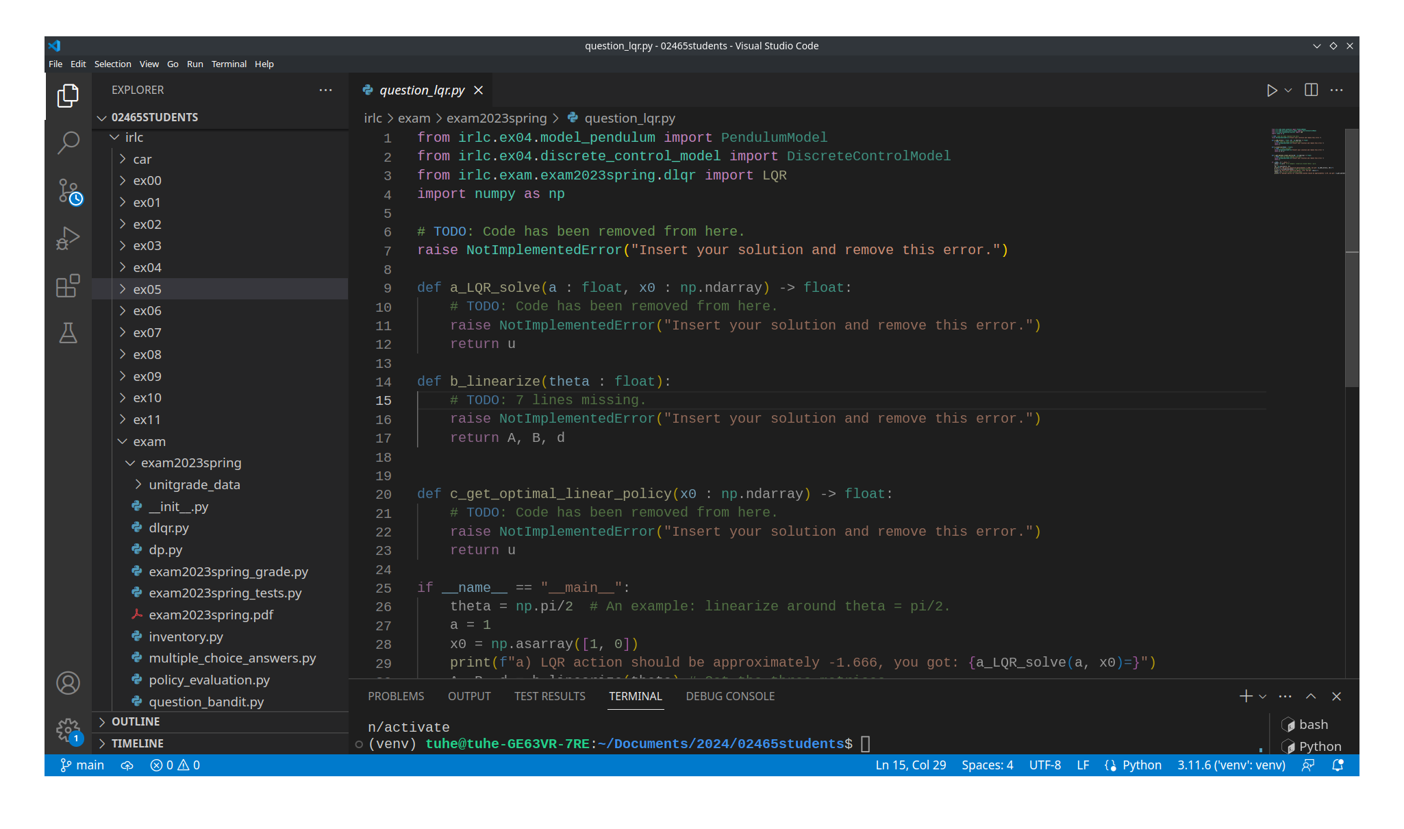 The VSCode editor after the exam files have been moved over. The spring 2023 exam is shown here.